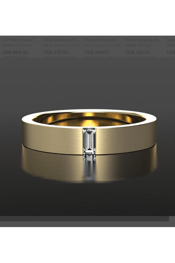 Baguette Cut Moissanite Men's Single Stone Wedding Silver Ring Band 14K Yellow Gold Plated
