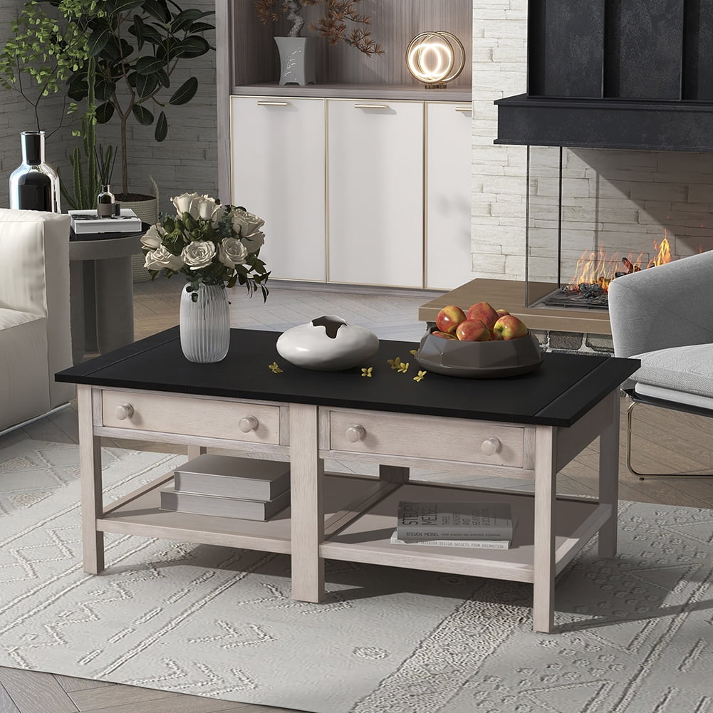 Resenkos Wooden Coffee Table with Open Styled Shelf Large Storage Space, Cocktail Table with Two Drawers for Living Room,Espresso & White