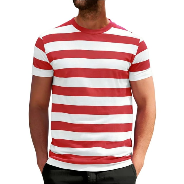 T-Shirt Décontracté à Rayures pour Hommes, Col Rond, Manches Courtes, Ajusté, Tissu Doux, Été, Plage et Rue, Rouge, P