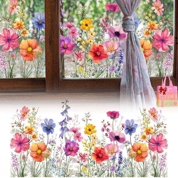 Colorful Floral Bouquet Window Sticker, Flower Window Clings, Vintage Spring Windows Clings, Double-Sided Watercolor Flower Windows Decor for Home Office Decor
