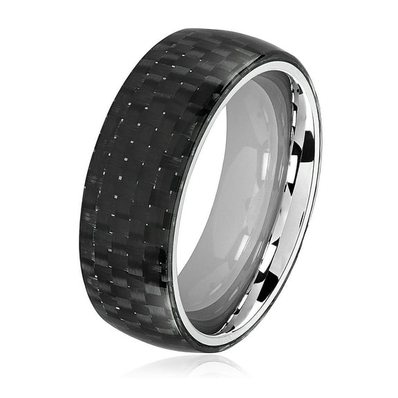 Crucible Jewelry Men's Glossy Carbon Fiber Overlay Domed Steel Ring (8mm)