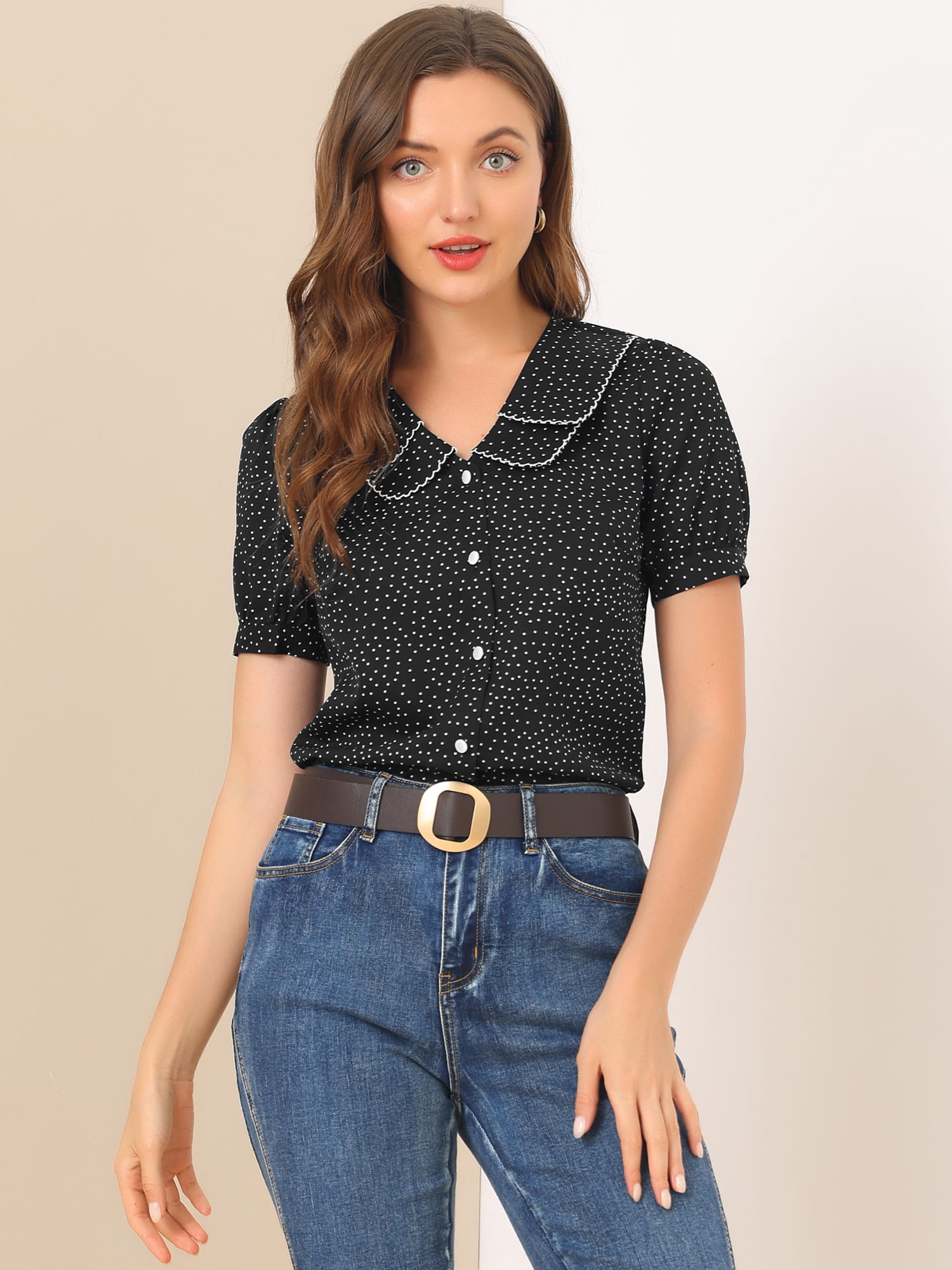 DARING DIVA Women's Polka Dots Peter Pan Collar Puff Sleeve Shirt XL Black
