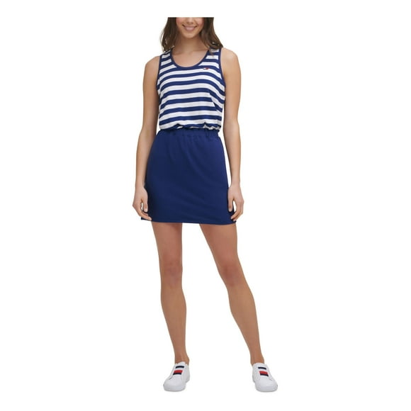 Tommy Hilfiger Sport Womens Blue Stretch Striped Sleeveless Scoop Neck Mini Sheath Dress S