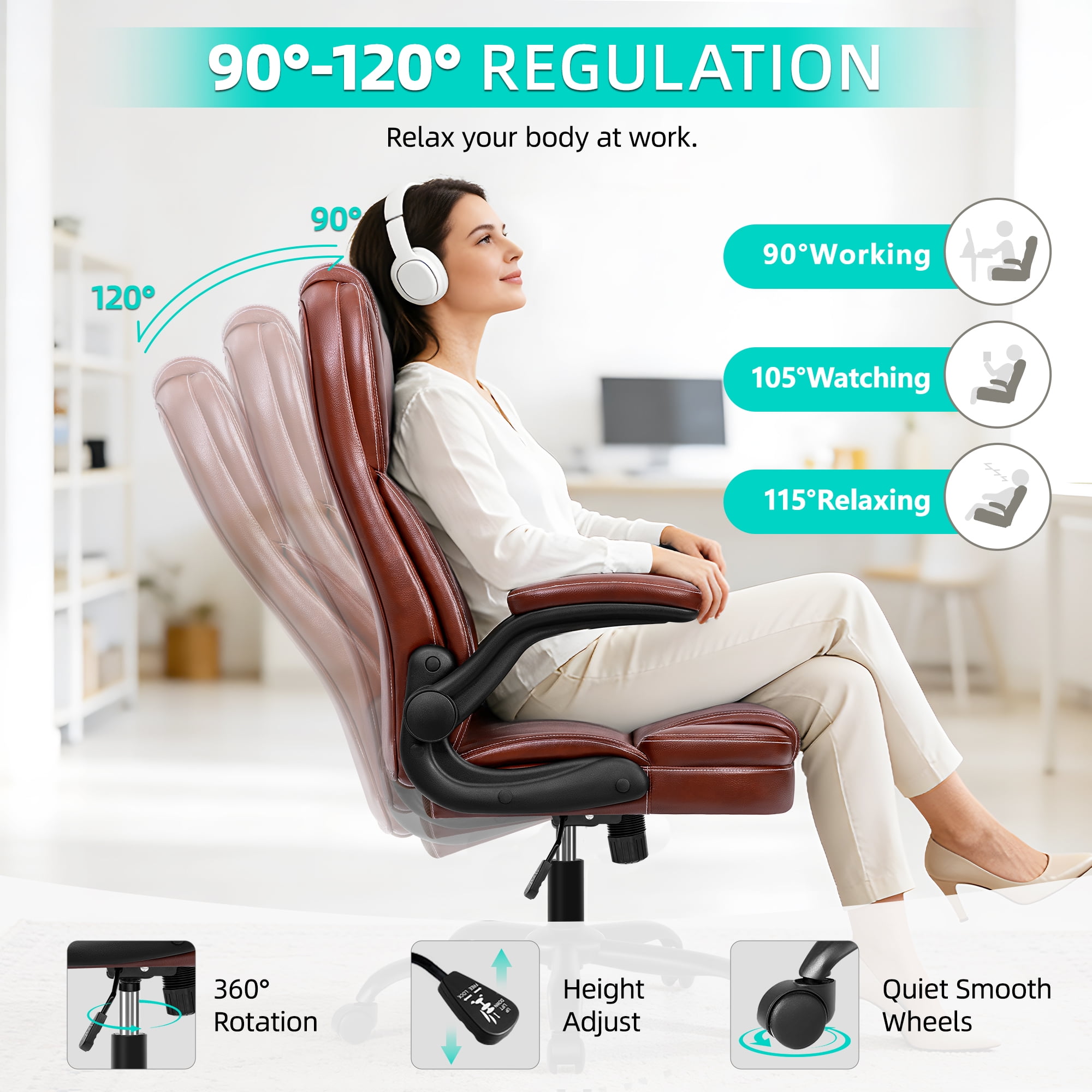 COOLHUT Bige and Tall Executive Office Chair 400lbs, Ergonomic PU Leather Computer Desk Chair with Flip-Up Armrests, Comfy Heavy Duty Office Chair for Home Office Gaming, Vintage Brown