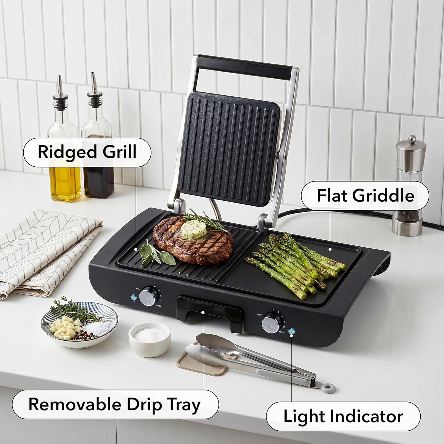 OVENTE Electric 2 in 1 Indoor Grill + Griddle Combo, 1500W, Black GDG222B | Dual Independent Cooking Zones, Adjustable Temperature with Separate Knobs, Nonstick Plates and Removable Drip Tray