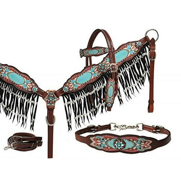 Showman Antique Inspired Print Leather Headstall & Breast Collar Set w/ Pearl Fringe