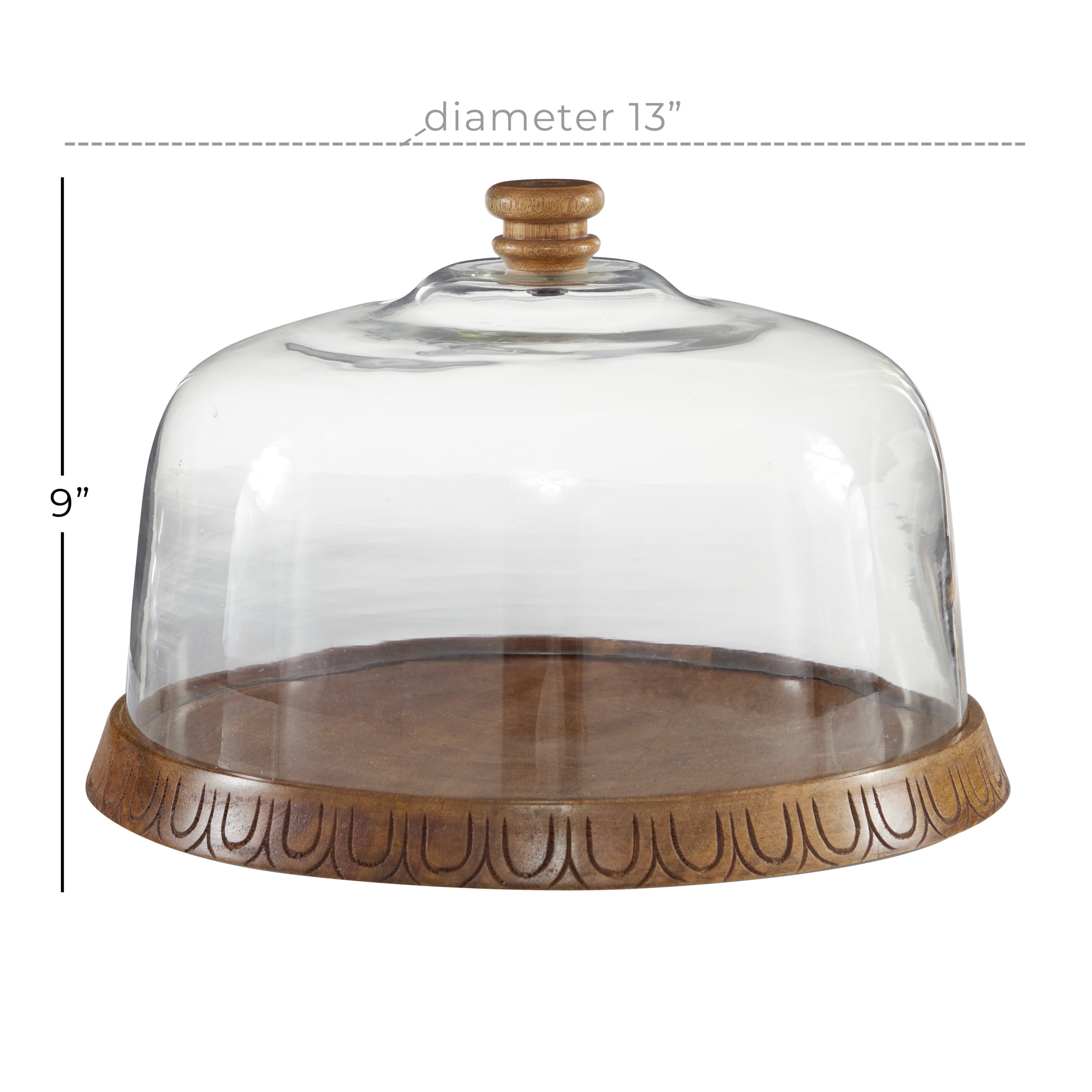 DecMode 13" x 9" Brown Wood Cake Stand with Glass Lid, 1-Piece