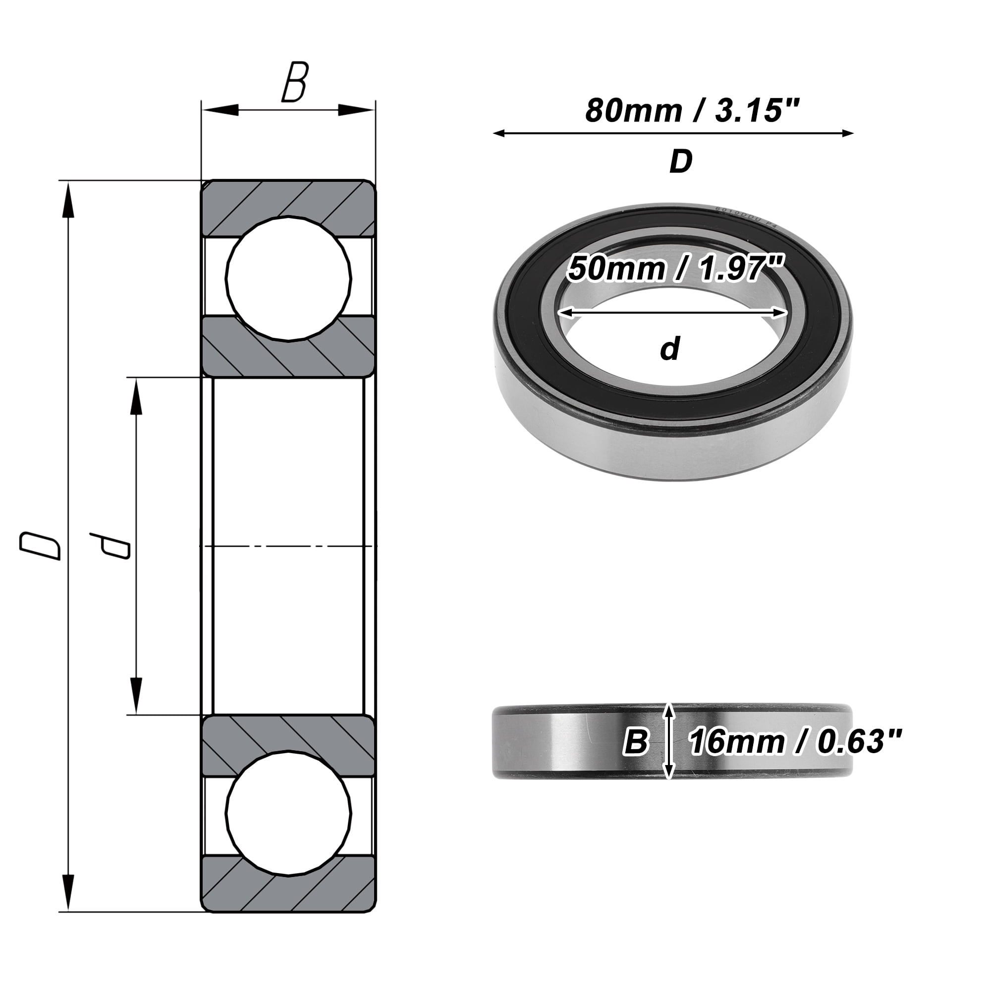 Unique Bargains 6010DDU Deep Groove Ball Bearings 50x80x16mm P4 Double Rubber Seal Lubricated Bearings 1 Pcs Car Silver Tone,Black