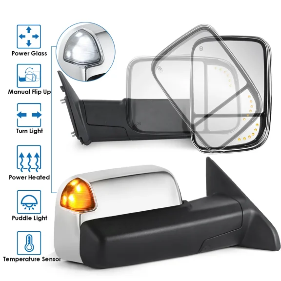 MOSTPLUS Pair Chrome Power Heated Tow Mirrors w/ White Running Light for 09-18 Ram 1500/2500/3500