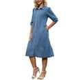 thumbnail image 4 of INSPIRE CHIC Women's Denim Dress Puff 3/4 Sleeve Button Up Collar A Line Swing Ruffle Tiered Midi Jean Dresses S Light Blue, 4 of 6