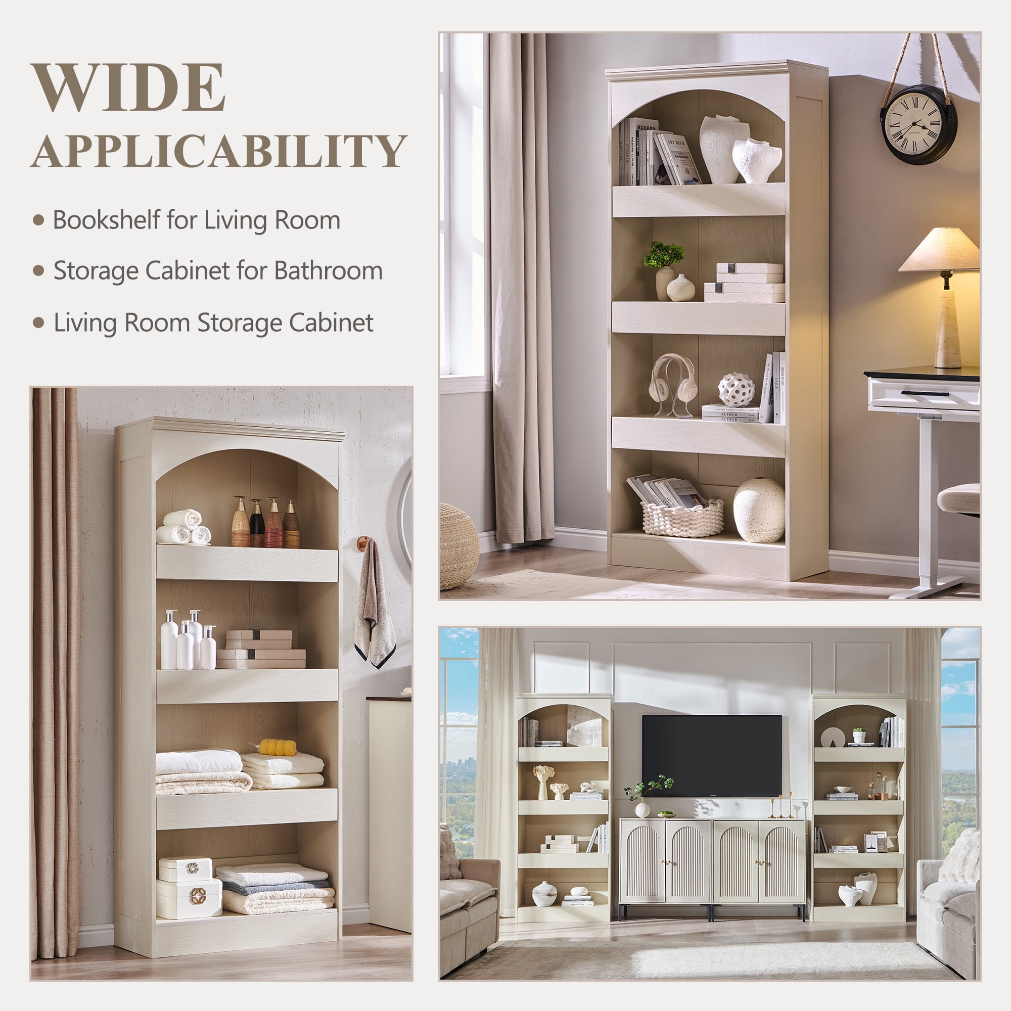 SinCiDo 76" Tall Arched Bookcase, 4-Tier Large Bookshelf w/1PC Magnetic Lock Drawer, Wooden Book Shelf w/3 Pull-Out Drawers, for Living Room, Office