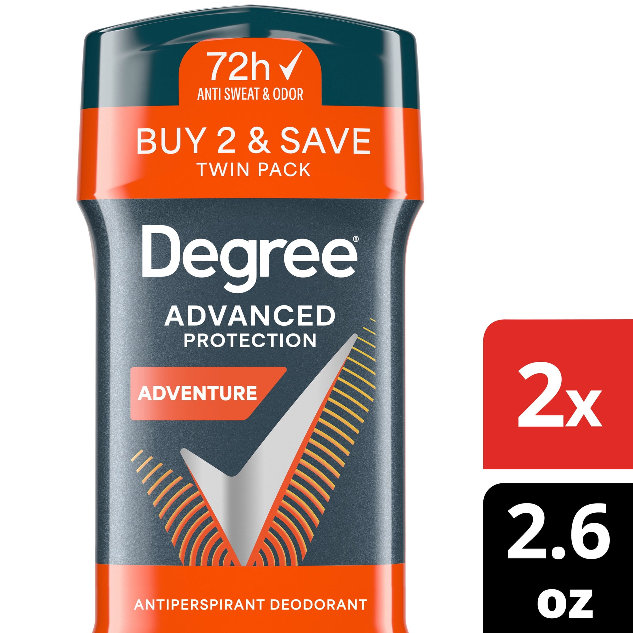 (2 pack) Degree Men Antiperspirant Deodorant 72-Hour Sweat and Odor Protection Adventure Antiperspirant for Men with Body Heat Activated Technology, 2.6 oz Twin Pack