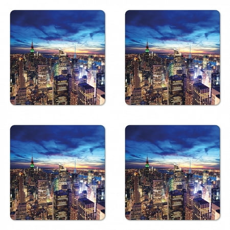 

City Coaster Set of 4 Empire State and Skyscrapers of Midtown Manhattan New York Aerial View at Dusk Square Hardboard Gloss Coasters Standard Size Tan Navy Blue Aqua by Ambesonne