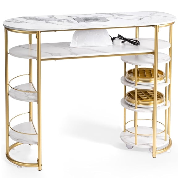 Ktaxon Manicure Table with Dust Collector & Rolling Cart, White Marbling Nail Station Desk