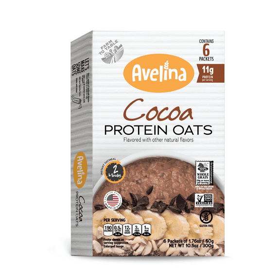 Avelina Natural Flavor Protein Oats - Gluten-Free Rolled Oats with Nutrients, Fibers and Proteins, 6 x 1.76 oz (Cocoa, 1-Pack)