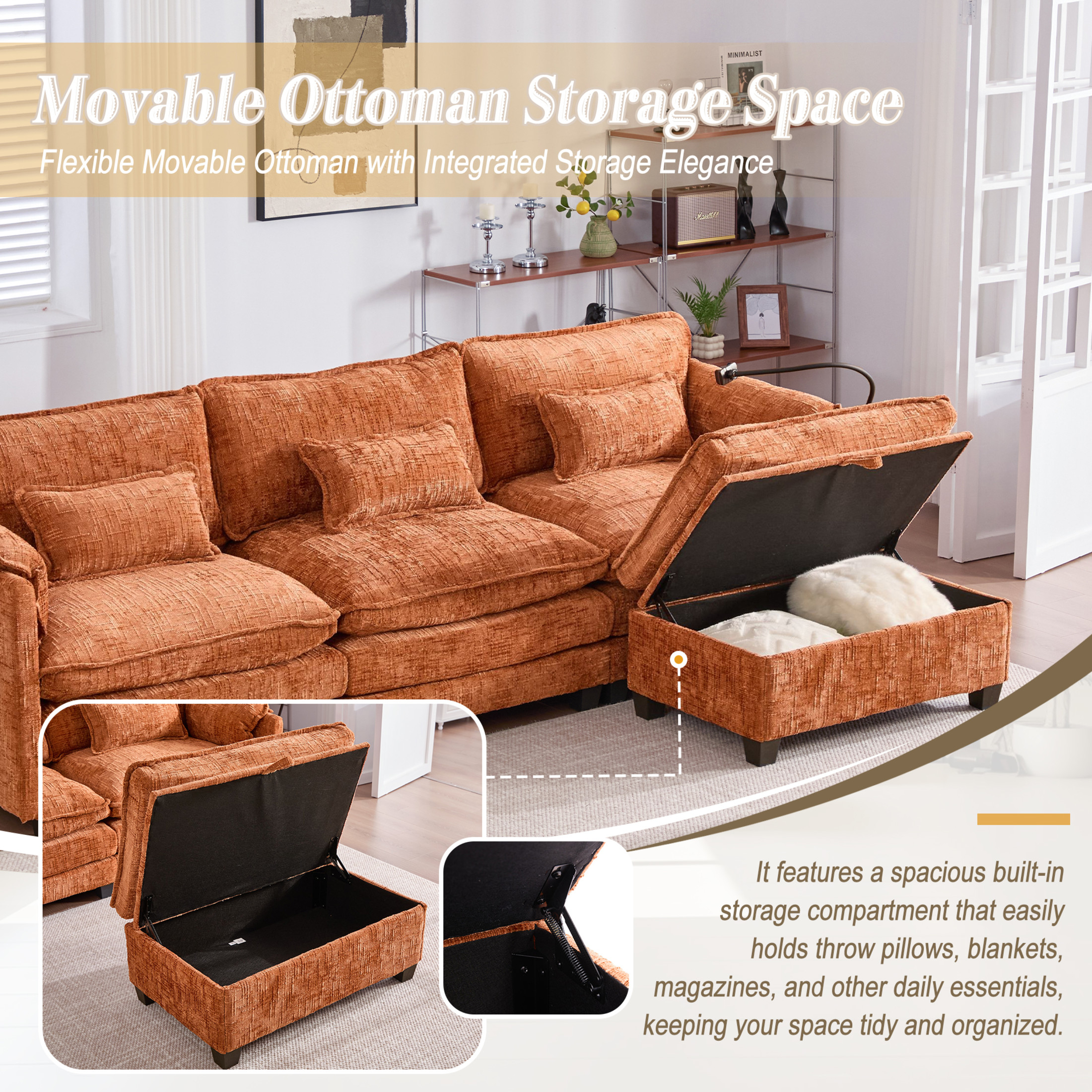 Noble House Modern 112" Oversized L-Shape Sectional Sofa, Chenille Cloud Couch with Modular Storage Ottoman, Orange