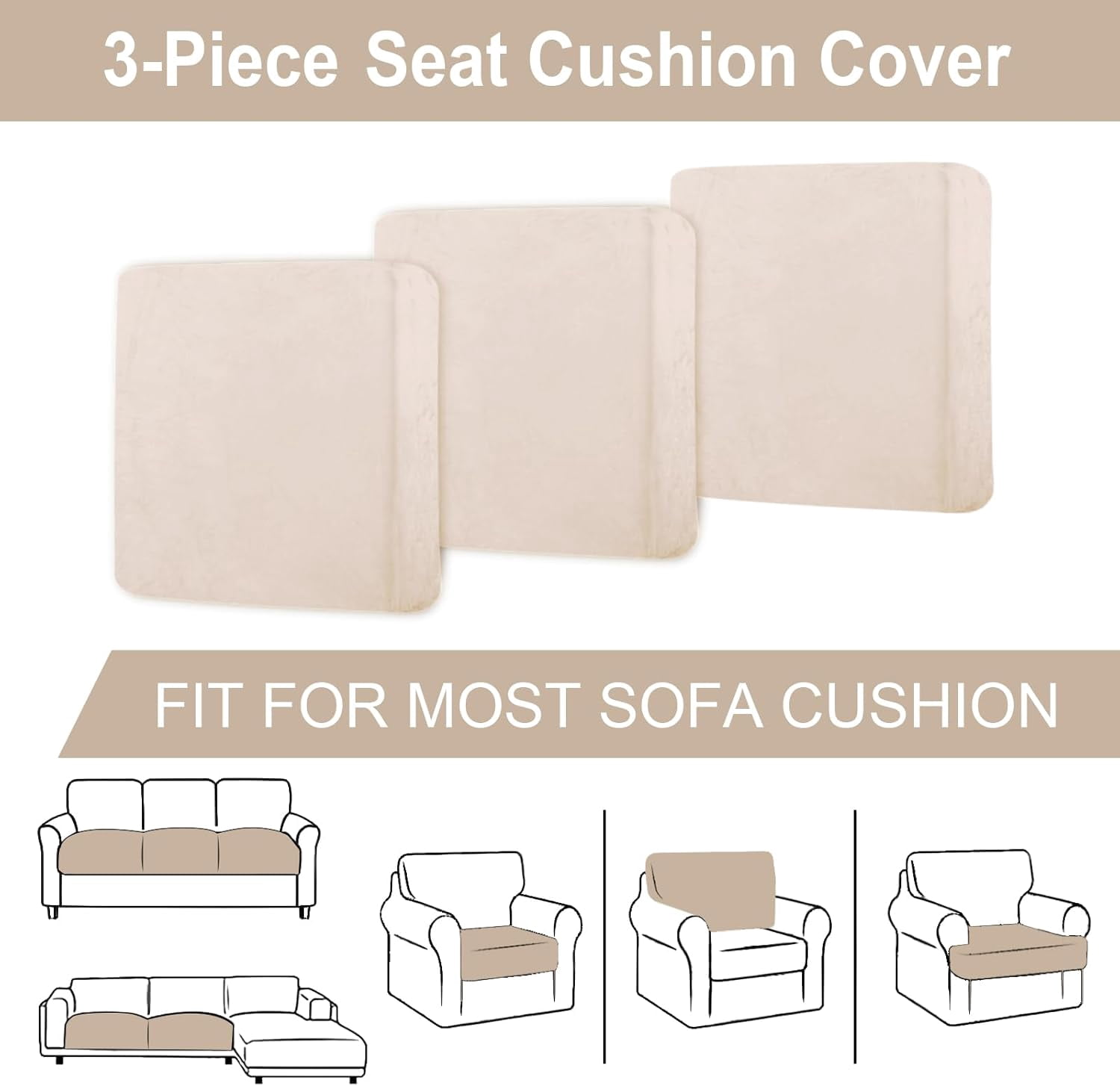 Couch Covers, 3 Pieces Couch Cushion Cover Velvet, Seat Cushion Cover, Stretch Sofa Covers, Separate Sectional Sofa Slipcovers, Furniture Protector(3-Seater or Backrest, Beige)
