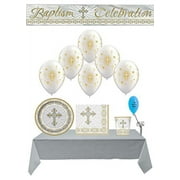 Gold Radiant Cross Baptism 16 Guest Party Pack With Balloons
