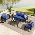 thumbnail image 2 of 5 Seats Aluminum Patio Furniture Set, 4 PCS Outdoor Sectional Conversation Set with 4" Wide Armrest, Backyard Sectional Sofa Set with Coffee Table & Thick Cushions, Blue, 2 of 8