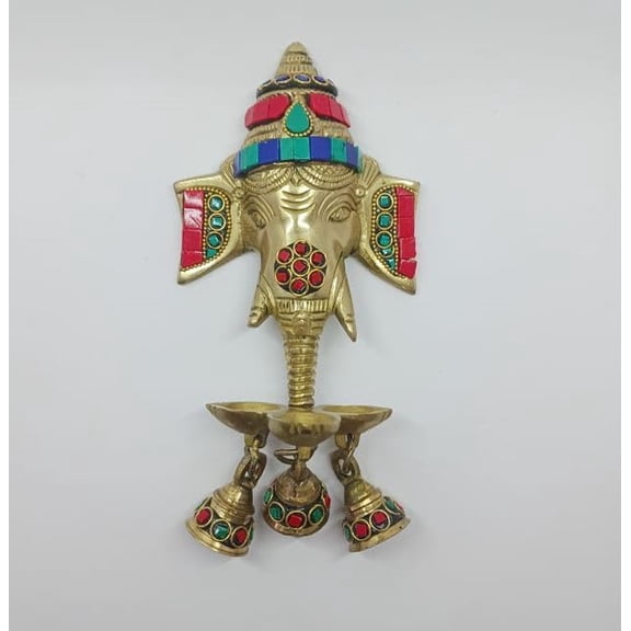 Brass Ganesha Wall Hanging Multicolor Gemstone Handwork Puja Idol Oil Lamp Three Diyas and Bells 9.5 Inch Antique Style Home Décor Deepak for Mandir Temple