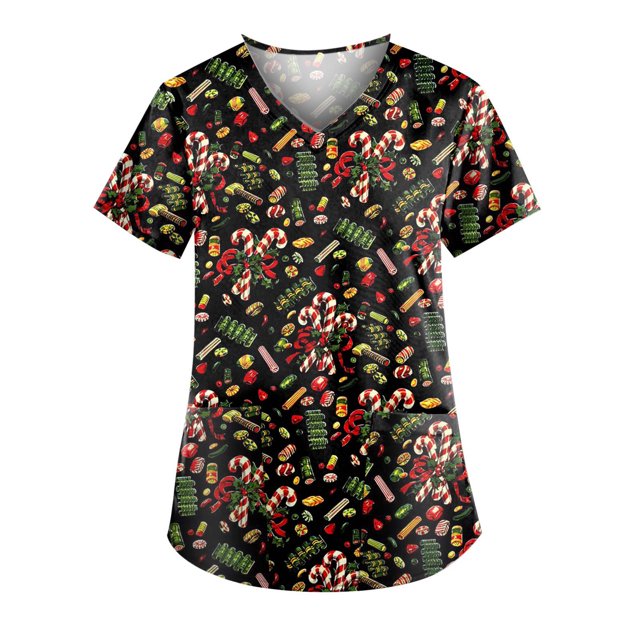 Puntoco Moda para mujer Camisetas de manga corta con cuello en V Uniforme de trabajo Estampado de Navidad con tops de blusa de bolsillo Puntoco Puntoco-1919