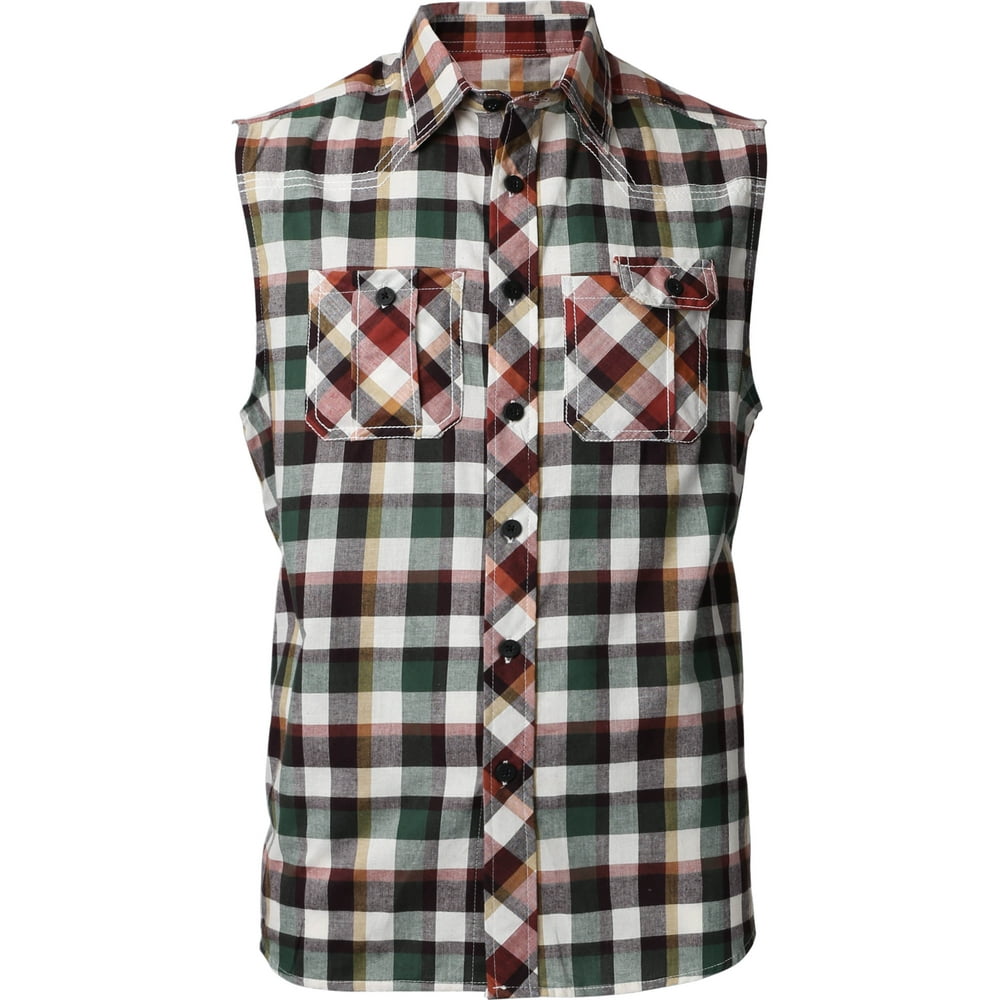 Ma Croix Mens Sleeveless Plaid Shirt Casual Button Down Flannel
