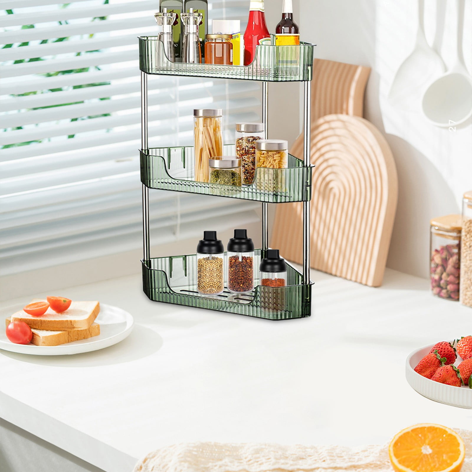 CMYYNNA 3-Tier Corner Bathroom Counter Organizer, Plastic Makeup Skincare Organizers Storage Countertop, Sink Vanity Trays Perfume, Cosmetic Shelf for Bedroom, Dresser, Kitchen (Green)