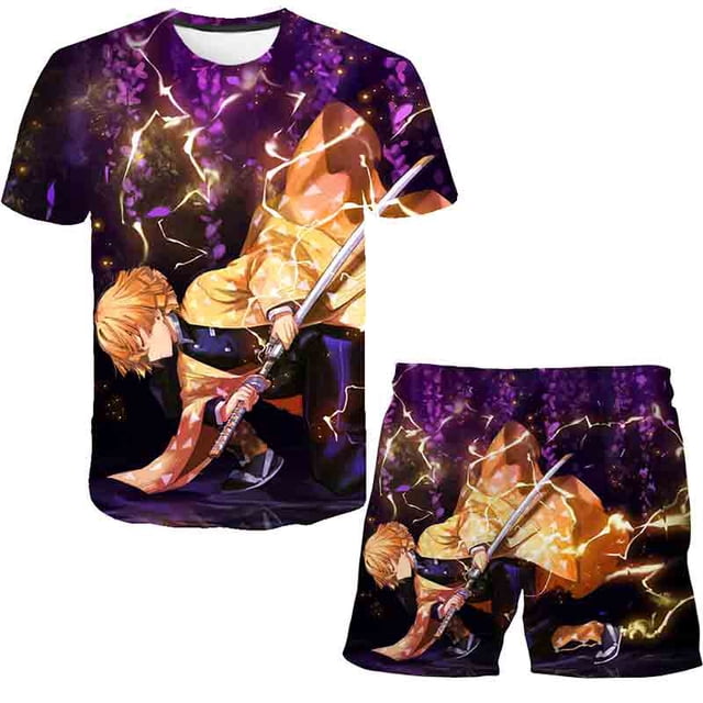 Demon Slayer Trajes Ropa Niños Dibujos animados Casual Mangas cortas Tops Camisetas y pantalones cortos Trajes Niños Impresión 3D Conjuntos de 2 piezas 8T Gao Jinjia LED