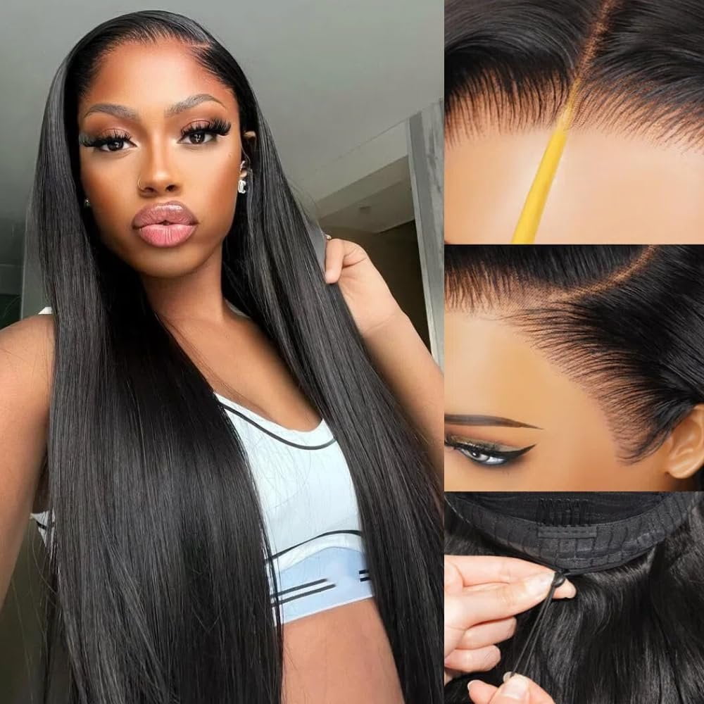 Bling Hair Drawstring Wear and Go Wig 13x6 Lace Frontal Wigs Human Hair Pre Cut Lace Glueless Brazilian Human Hair Wig With Drawstring 34 Inch Straight Wigs 180 Density Wig  Strap