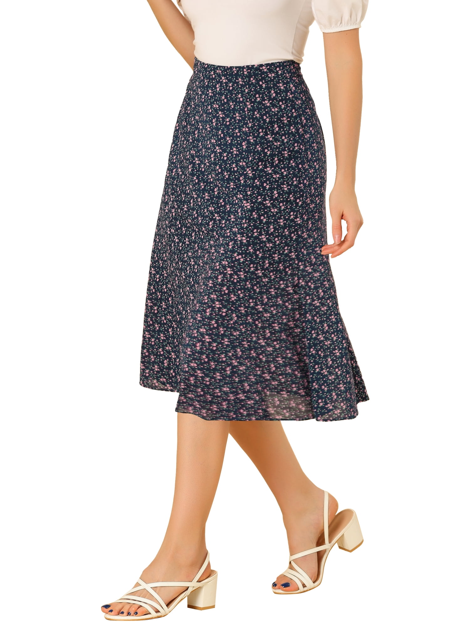 DARING DIVA Women's Elastic Waist A-Line Floral Print Midi Skirt M Navy Pink