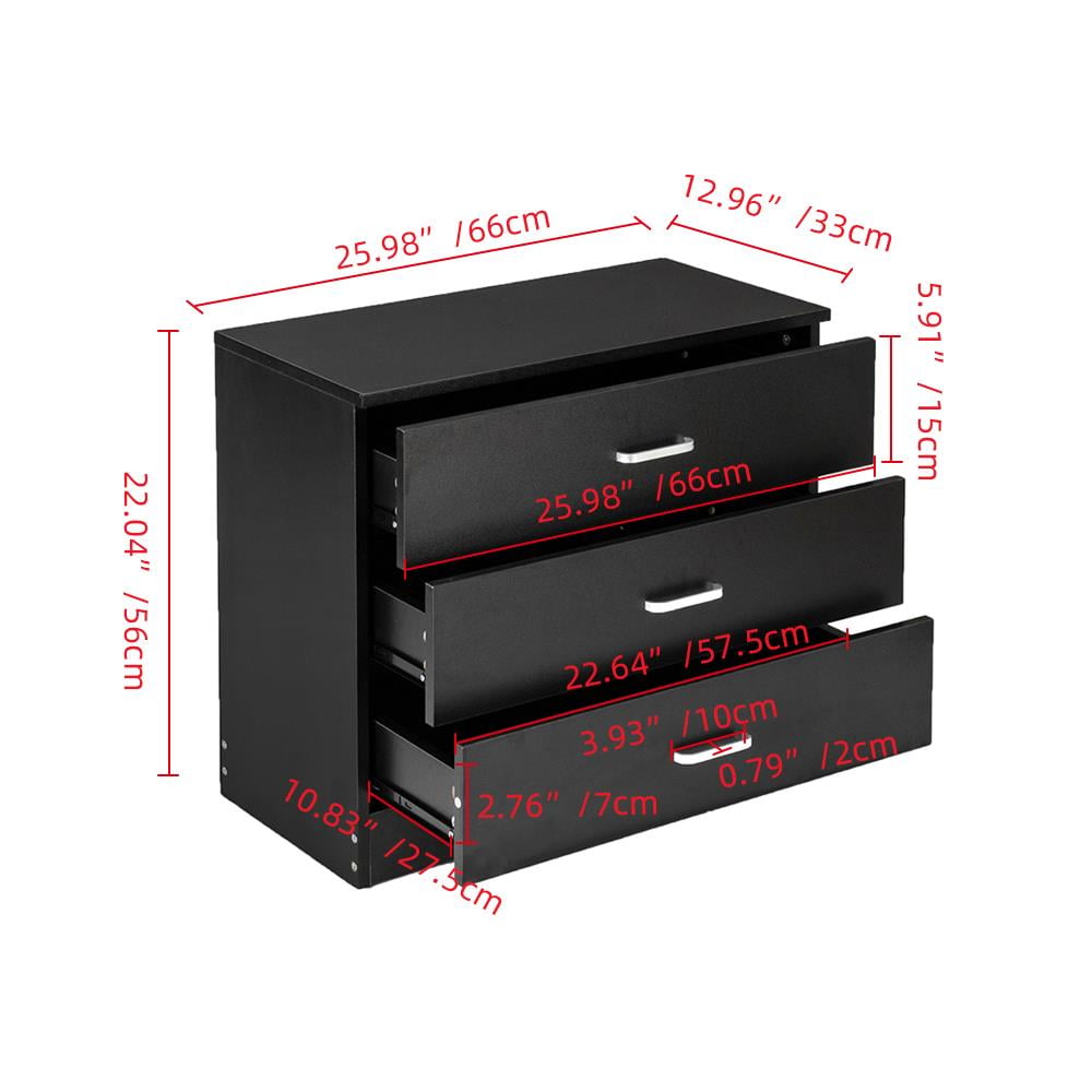 Ktaxon 3-Drawer Dresser Pure Black with Metal Handles Bedside Night Stand Bedroom, Black