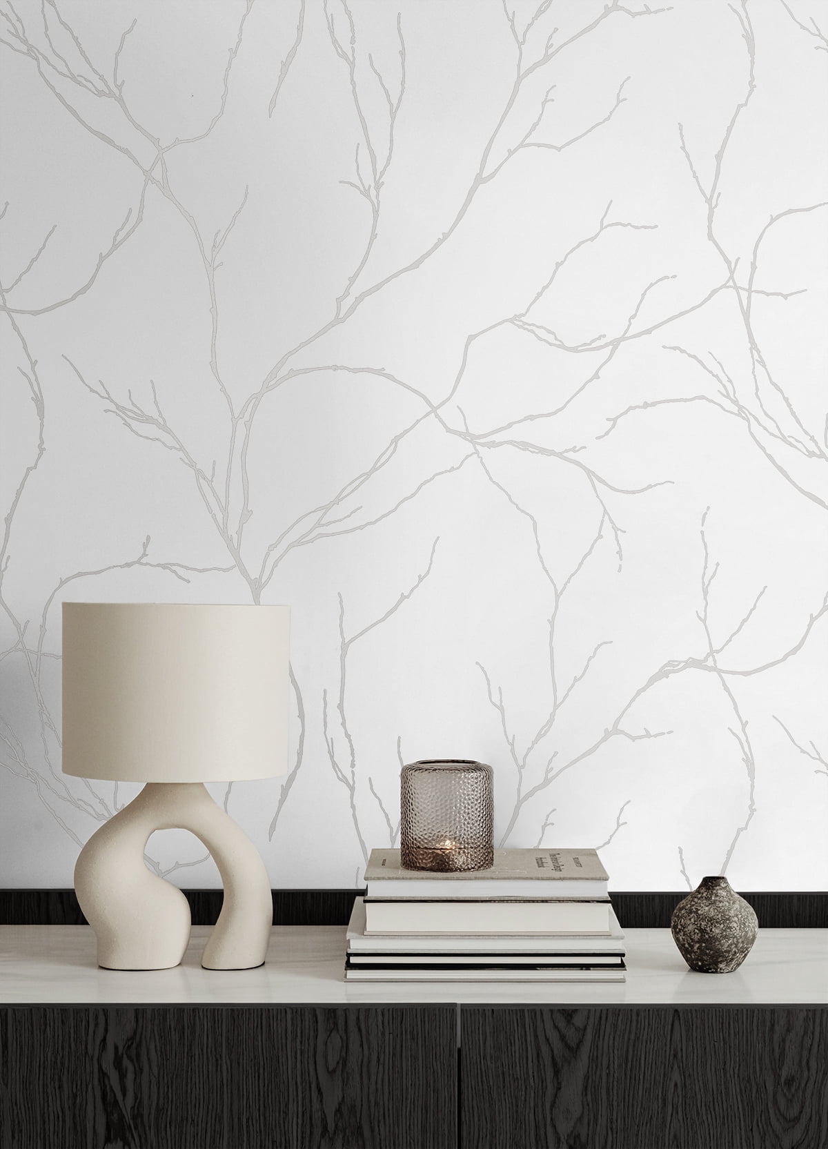 NextWall Metallic Silver Delicate Branches Peel and Stick Wallpaper