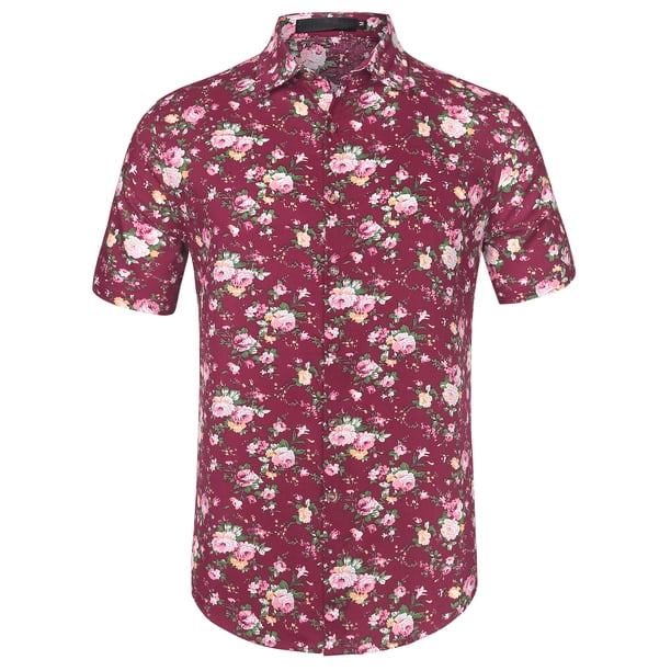 CamiHawaiaDe PlaEstampado Floral Con Botones ManCorCamiDe Verano PaHombres Borgoña-Estampado Floral Ro56
