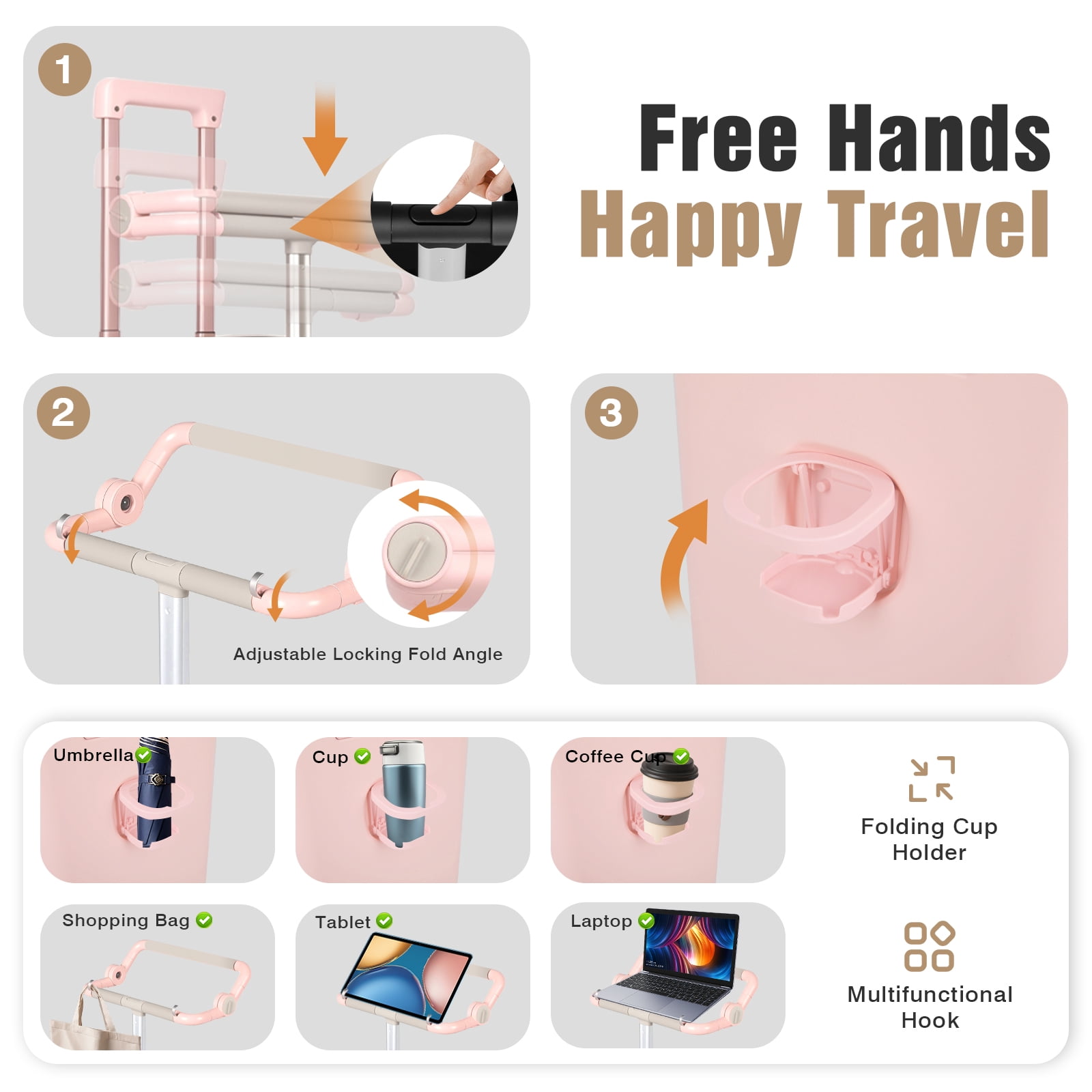 Advwin 20" Ride On Luggage with Foldable Seat, Cup/Tablet Holder, 6 PCs Packing Cube Set & TSA Lock, Hard Shell PC Spinner Travel Suitcase for Kids & Adults, Pink