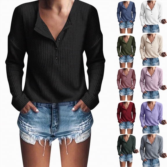 vigerkar Women's Waffle Knit Tunic Tops Loose Long Sleeve Button Up V Neck Henley Shirts (Wine, S)