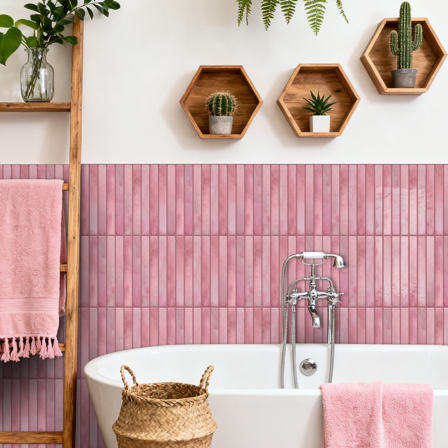 Firefly Hope 12-Sheet 9.7"×4.7" Stacked 3D Handmade Look Peel and Stick Backsplash, Waterproof Self-Adhesive Wall Tiles for Kitchen & Bathroom DIY Decor, Pink