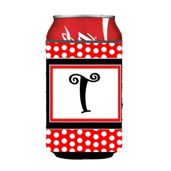 Letter T Initial Monogram - Red Black Polka Dots Can or Bottle Hugger
