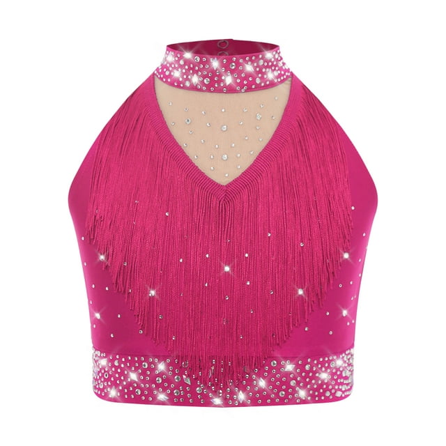 Yeahdor Filles Enfants Haut Court de Danse Scintillant à Strass, Col Licou, Franges, Jazz Moderne Latin Ballet, Gilet de Danse, Rose Vif 16