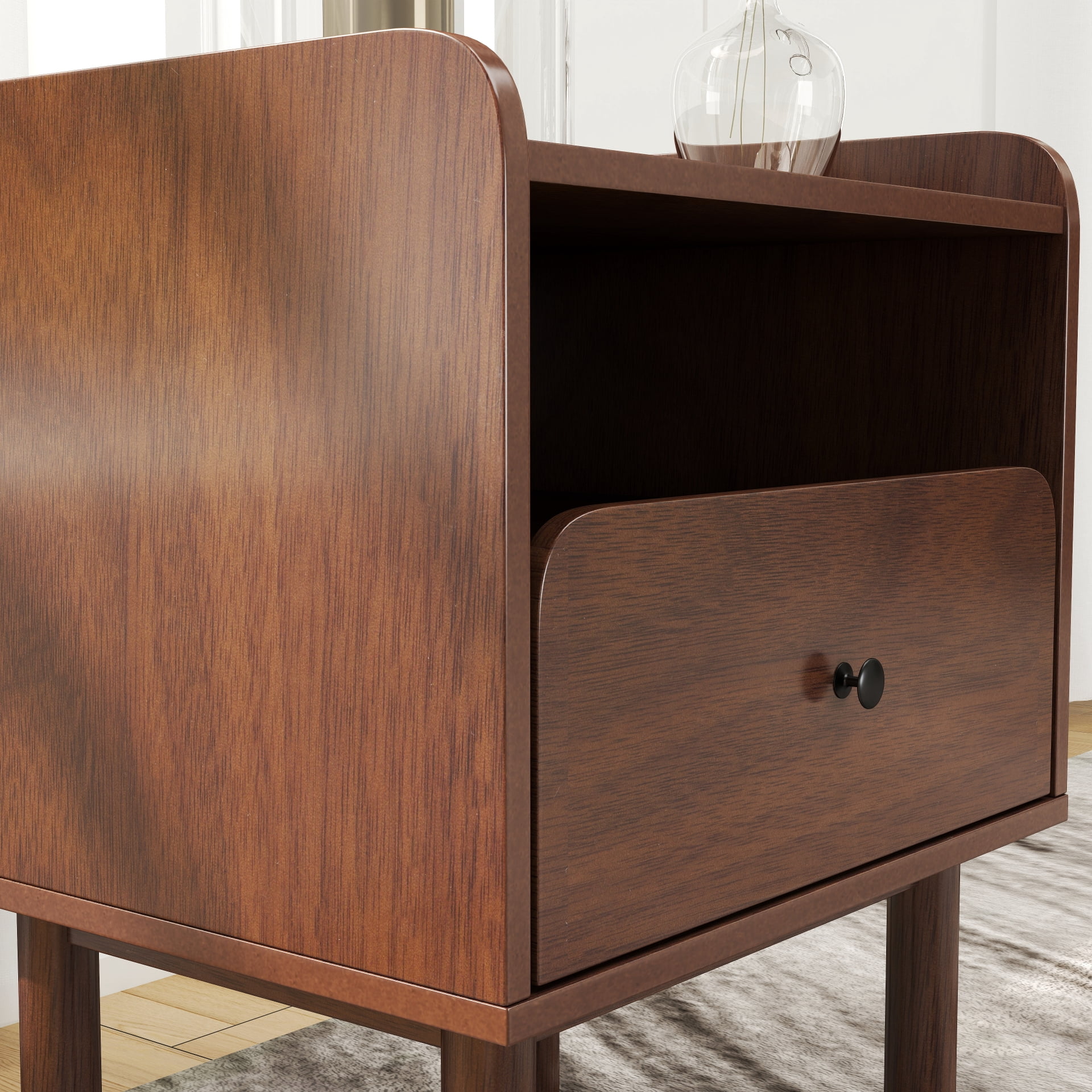 Roundhill Furniture Wyller Dual-tier Storage Nightstand, Side Table, Natural Walnut Finish