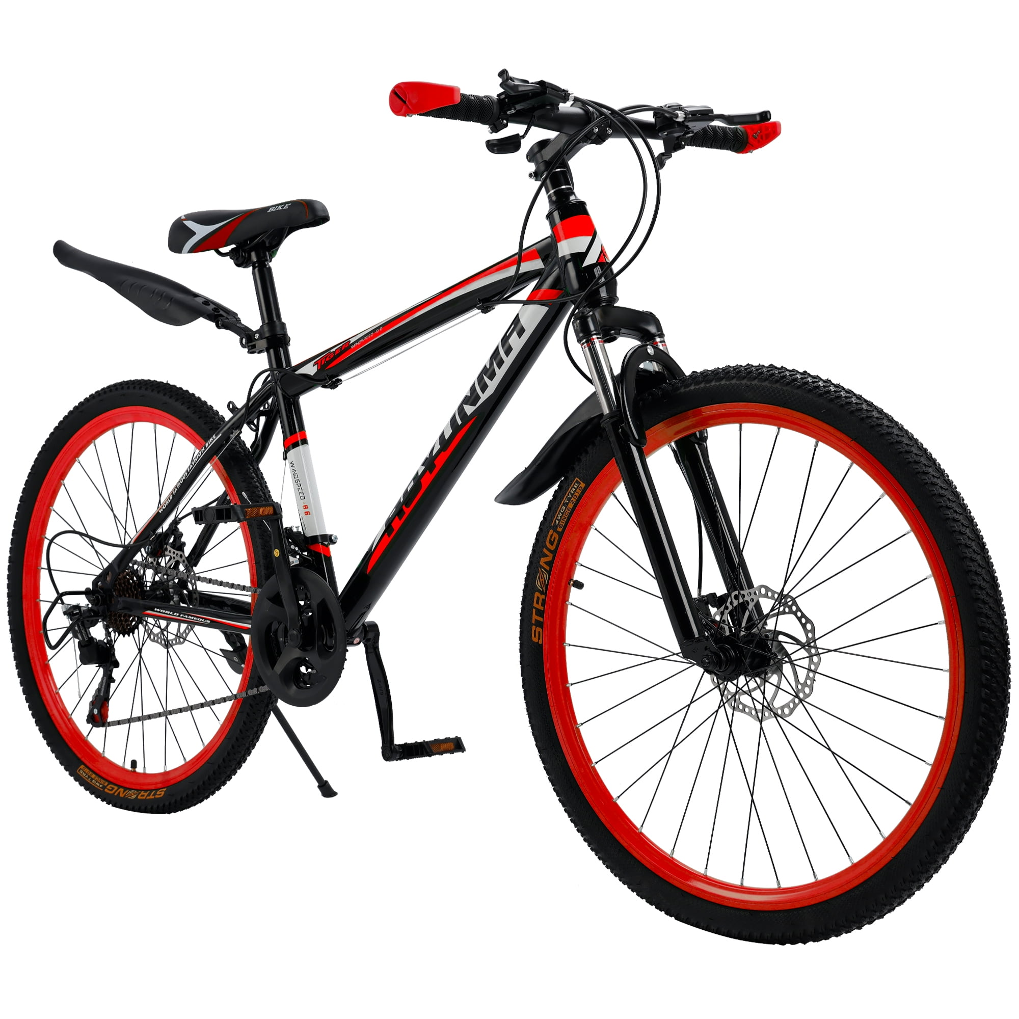 26" Mountain Bike for Men/Women, 24 Speed Shimano Twist Shifting, Front or Dual Suspension, Comfort Saddle Red/White/Blue/Green