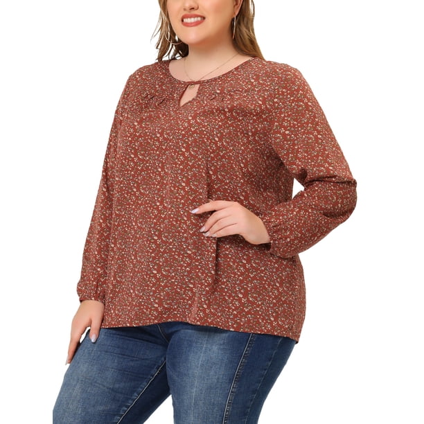 Agnes Orinda Women's Plus Size Tops Keyhole Neck Long Sleeve