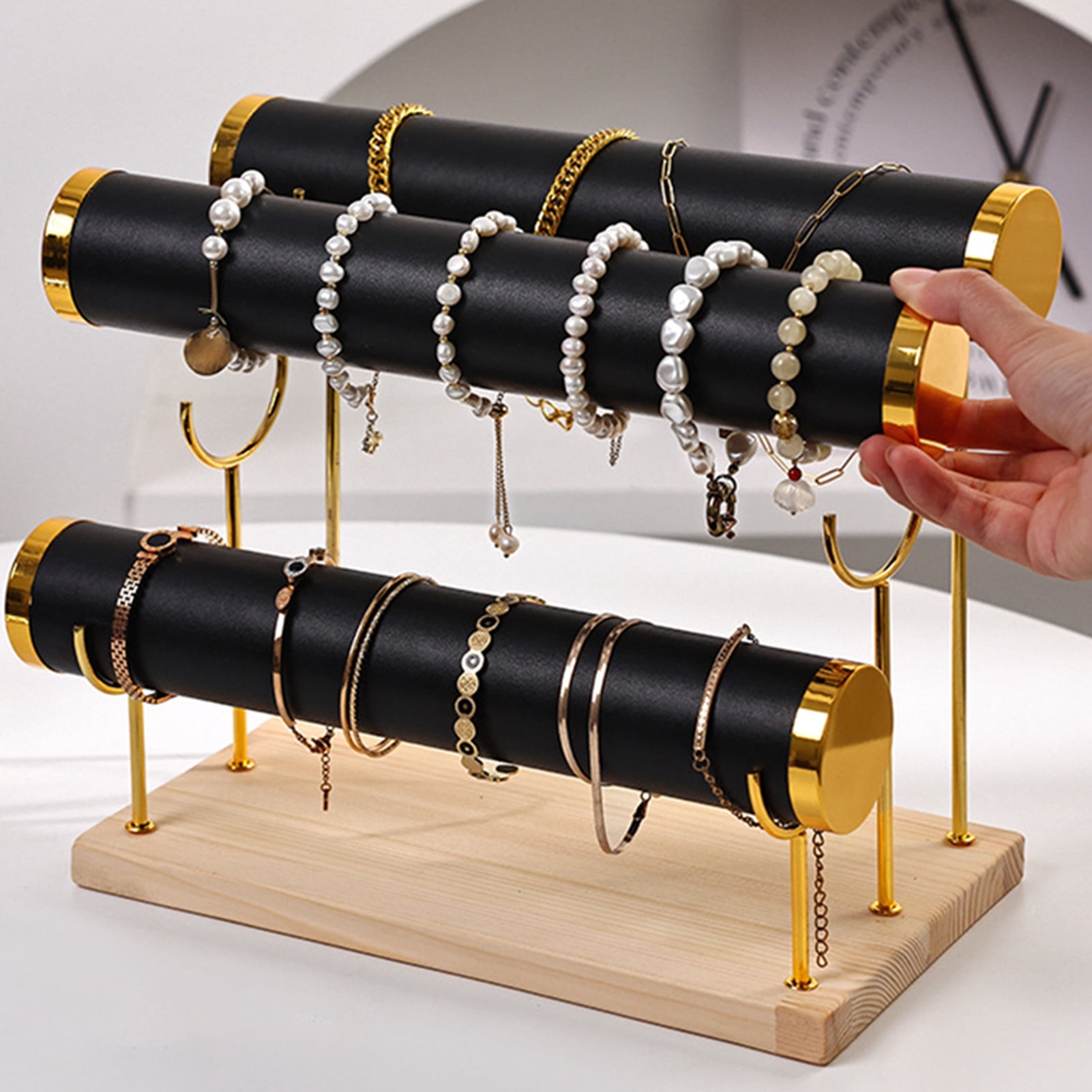 OIUR 3-Layer Jewelry Rack Wooden Bracelet Holder Large Capacity Simple Installation Necklace Jewelry Storage Organizer