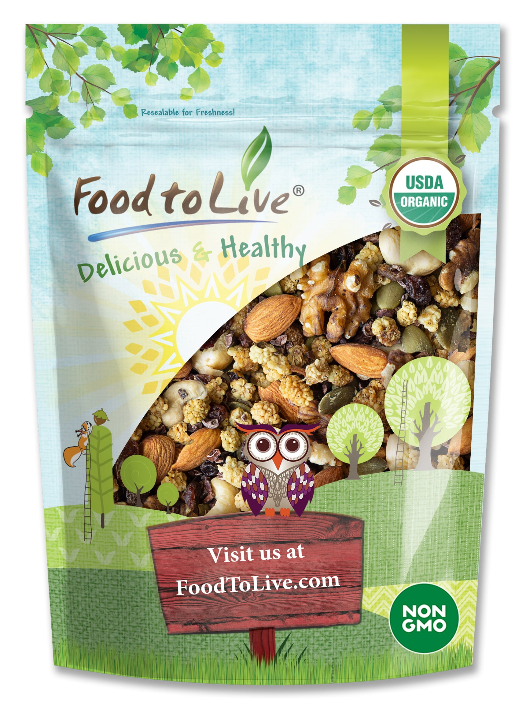 Organic Snack Wise Trail Mix, 1 Pound — Raw and Non-GMO Mix Contains Cacao Nibs, Raisins, Almonds, Cashews, Walnuts, Mulberries, Pumpkin Seeds. Vegan Superfood, Kosher, No Added Sugar, Bulk