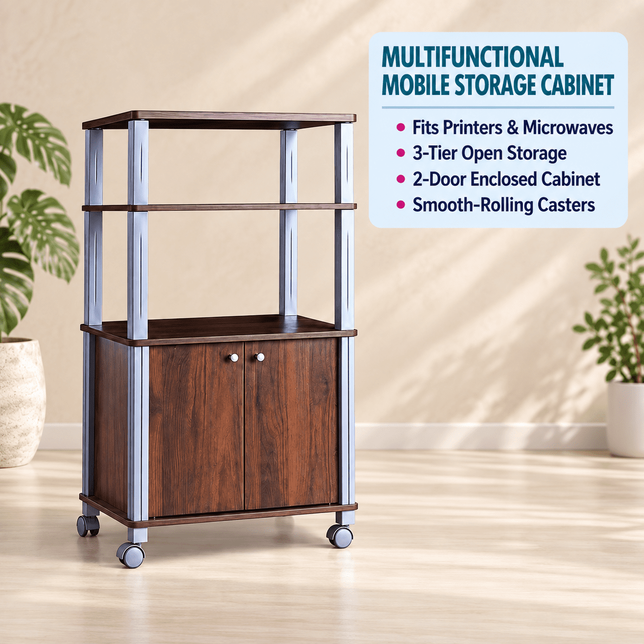 RUIE 3-Tier Microwave Stand with 2-Door Cabinet, Rolling Kitchen Storage Cart for Dining Room, Walnut