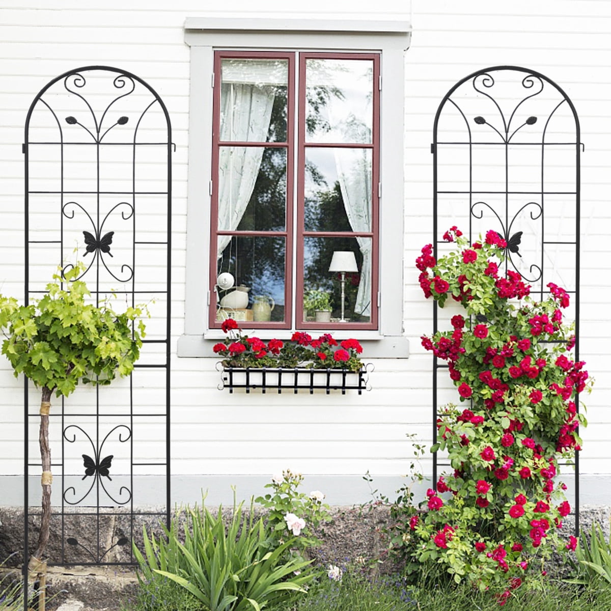 4 Pack 86.7" Tall Metal Garden Trellis for Climbing Plants, Rustproof Powder Coated Outdoor Plant Support with Decorative Leaf and Bird Design, Black, Flower Trellis for Roses, Ivy, Cucumbers