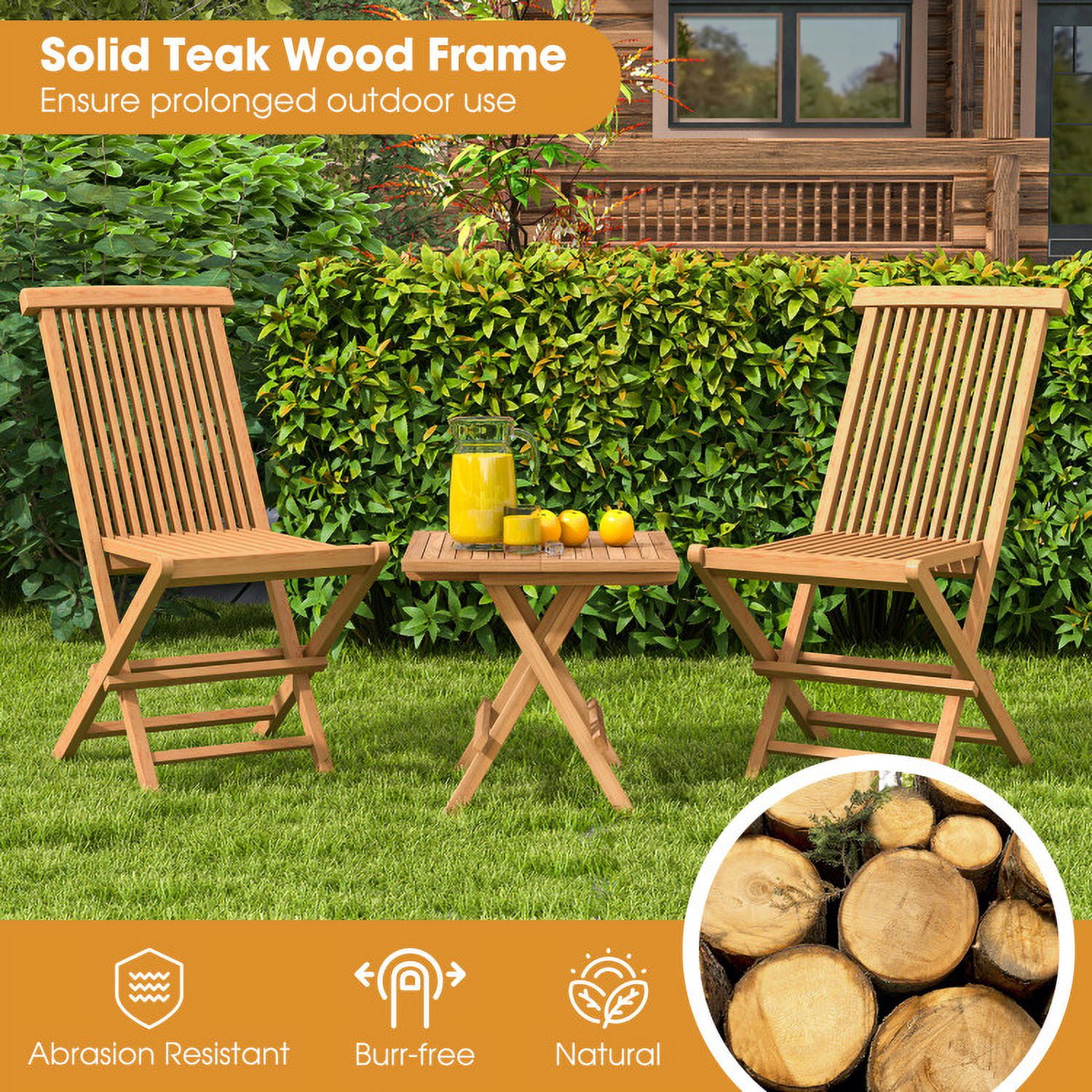 Aimee Lii Set of 2 Teak Patio Folding Chairs with High Back and Slatted Seat, Outdoor Patio Set