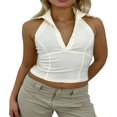 thumbnail image 1 of Women Summer Halterneck Tops V-neck Solid Color Backless Crop Tops, 1 of 6