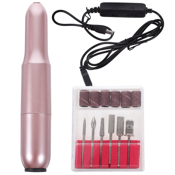Mini pulidora de uñas con carga USB, estilo bolígrafo (oro rosa, 1 pulidora de uñas, 1 cabezal de pulido de cerámica de color aleatorio, 1 caja de cabezales de pulido)