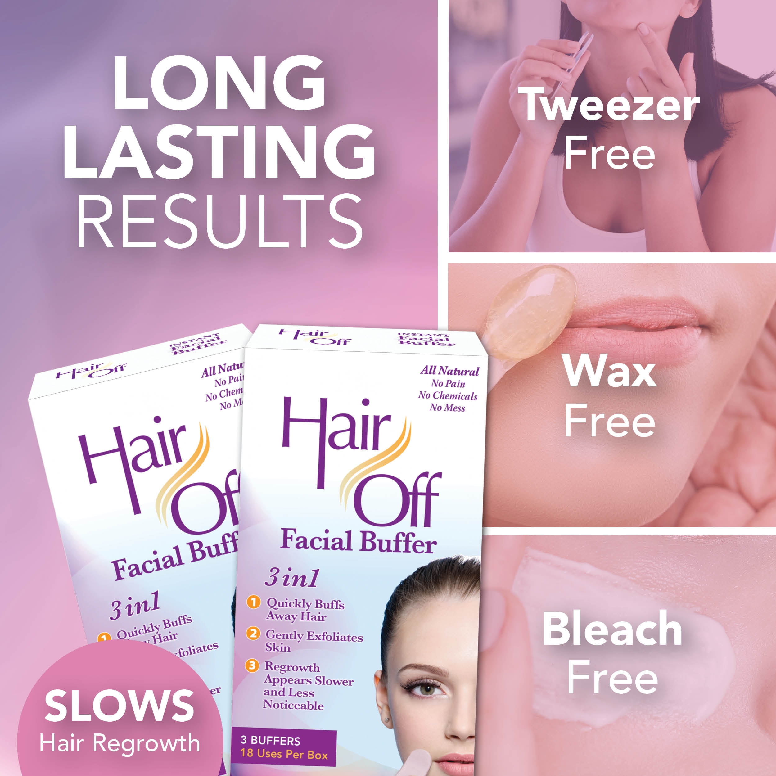 Hair Off Facial Buffer - Painless & Chemical Free Facial Hair Remover & Gentle Face Exfoliator - Hair Eraser to Slow Regrowth on Chin, Lip & Cheeks (3 Buffers Per Box)