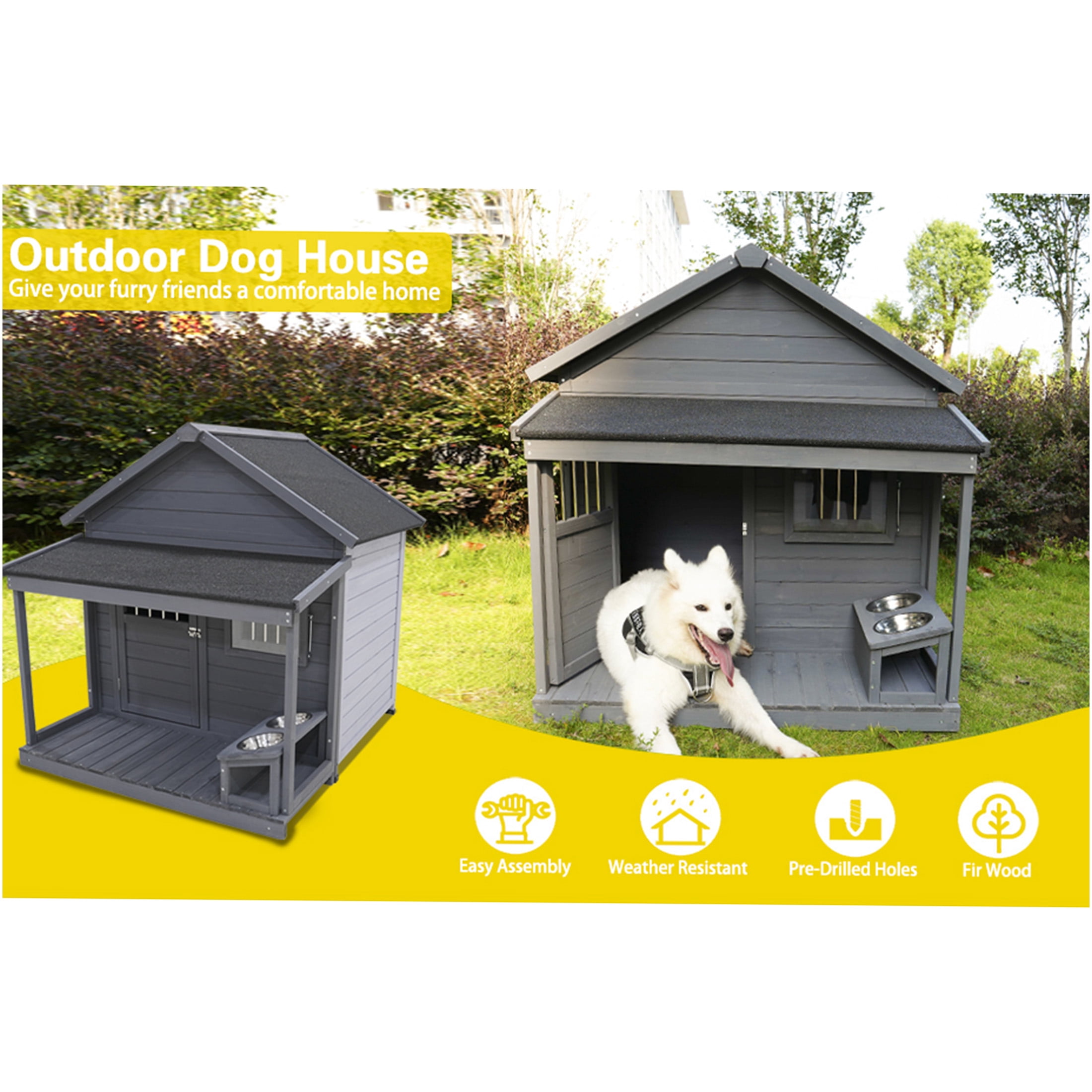JERFIT Extra Large Dog House with Lockable Door & Porch, 44" Wooden Outdoor Kennel with Asphalt Roof, Weatherproof for Big Dogs up to 80lbs, Gray